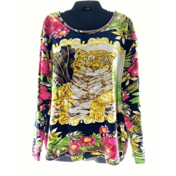 TIGER print Top pullover stretch embellished Colorful Haband VTG long sleeve - Picture 3 of 10